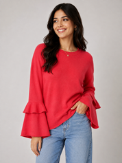 F&F Women’s Red Ruffle Sleeve Knit Sweater in UK Size 14. Stylish bell sleeves, comfortable fit and versatile design perfect for casual and smart-casual outfits.