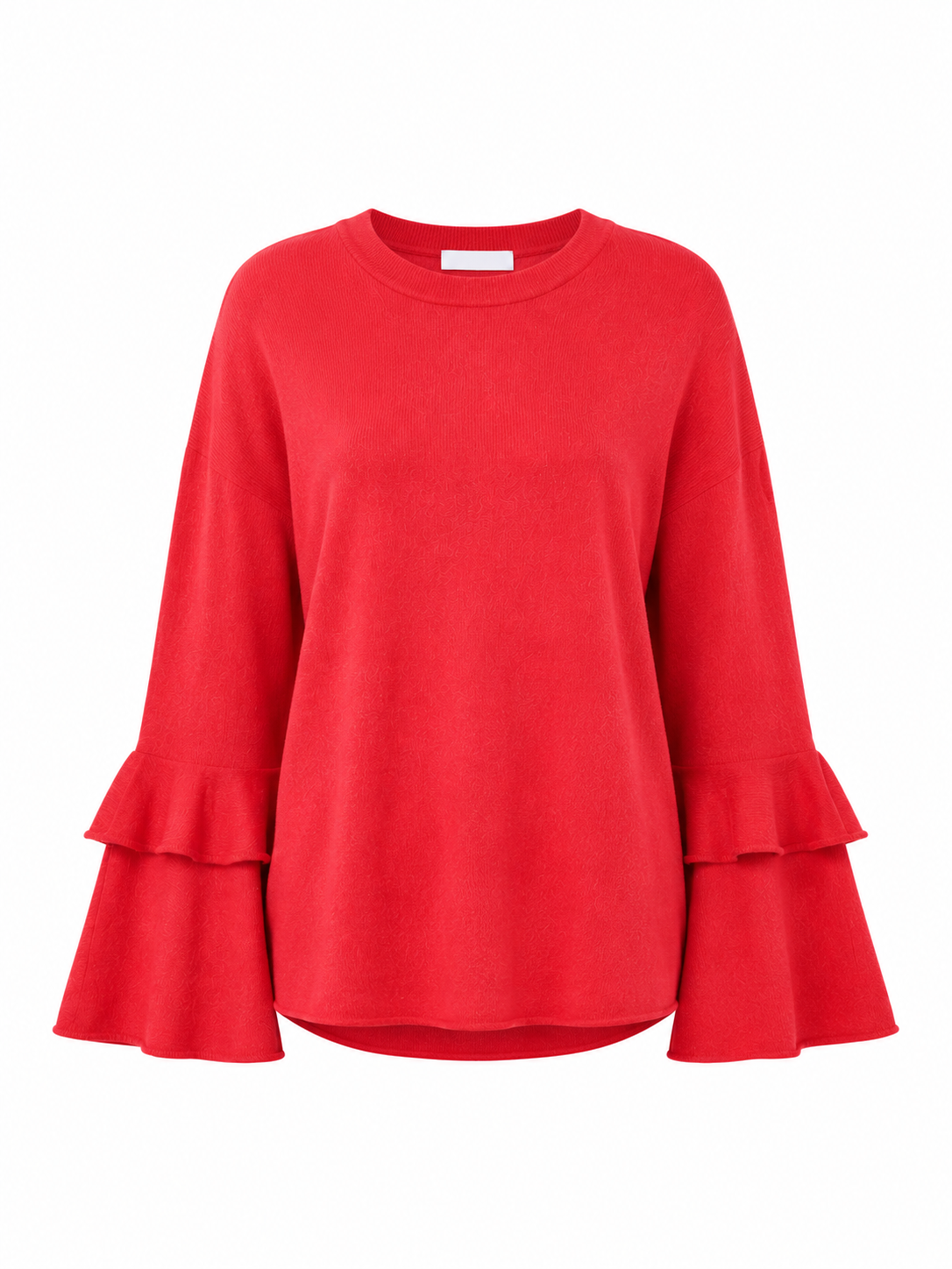 F&F Women’s Red Ruffle Sleeve Knit Sweater in UK Size 14. Stylish bell sleeves, comfortable fit and versatile design perfect for casual and smart-casual outfits.