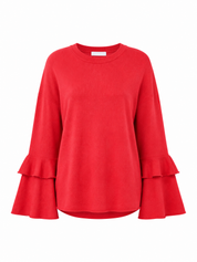 F&F Women’s Red Ruffle Sleeve Knit Sweater in UK Size 14. Stylish bell sleeves, comfortable fit and versatile design perfect for casual and smart-casual outfits.