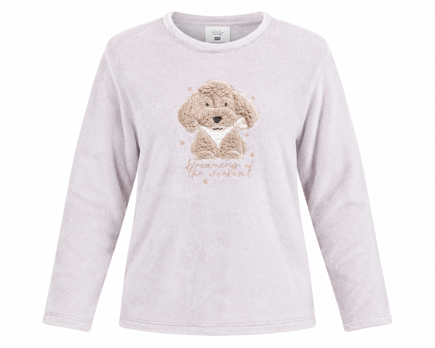 the F&F women’s soft plush fleece sweatshirt in pale lavender, UK XL. Features a cute puppy embroidery, crew neck and cozy long sleeves for casual everyday comfort.