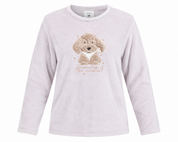 the F&F women’s soft plush fleece sweatshirt in pale lavender, UK XL. Features a cute puppy embroidery, crew neck and cozy long sleeves for casual everyday comfort.