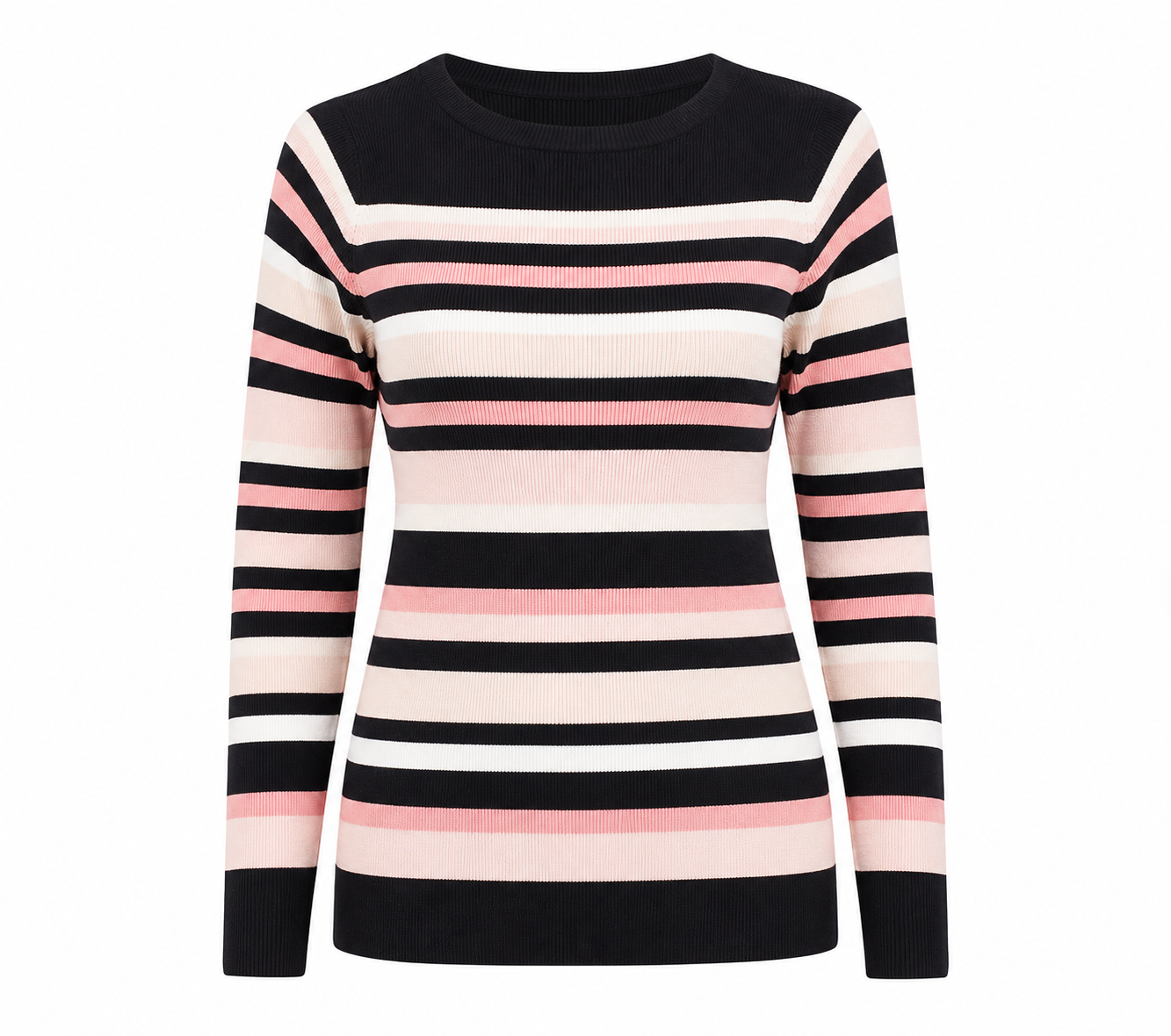 F&F women’s striped ribbed knit sweater in UK Size 22. Stylish black, pink and cream long sleeve jumper, perfect for casual and everyday wear.