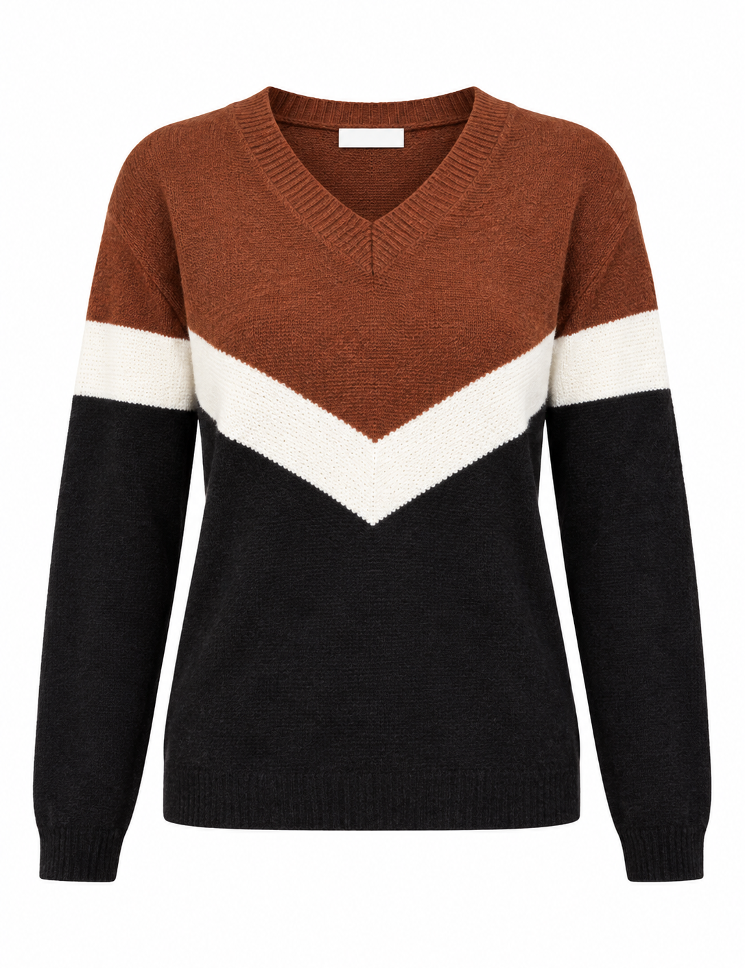 F&F Women’s V-Neck Chevron Knit Jumper in brown, cream and black. Stylish colour-block design with long sleeves, available in UK Size S.