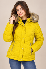 F&F Women’s Yellow Puffer Jacket with Faux Fur Hood