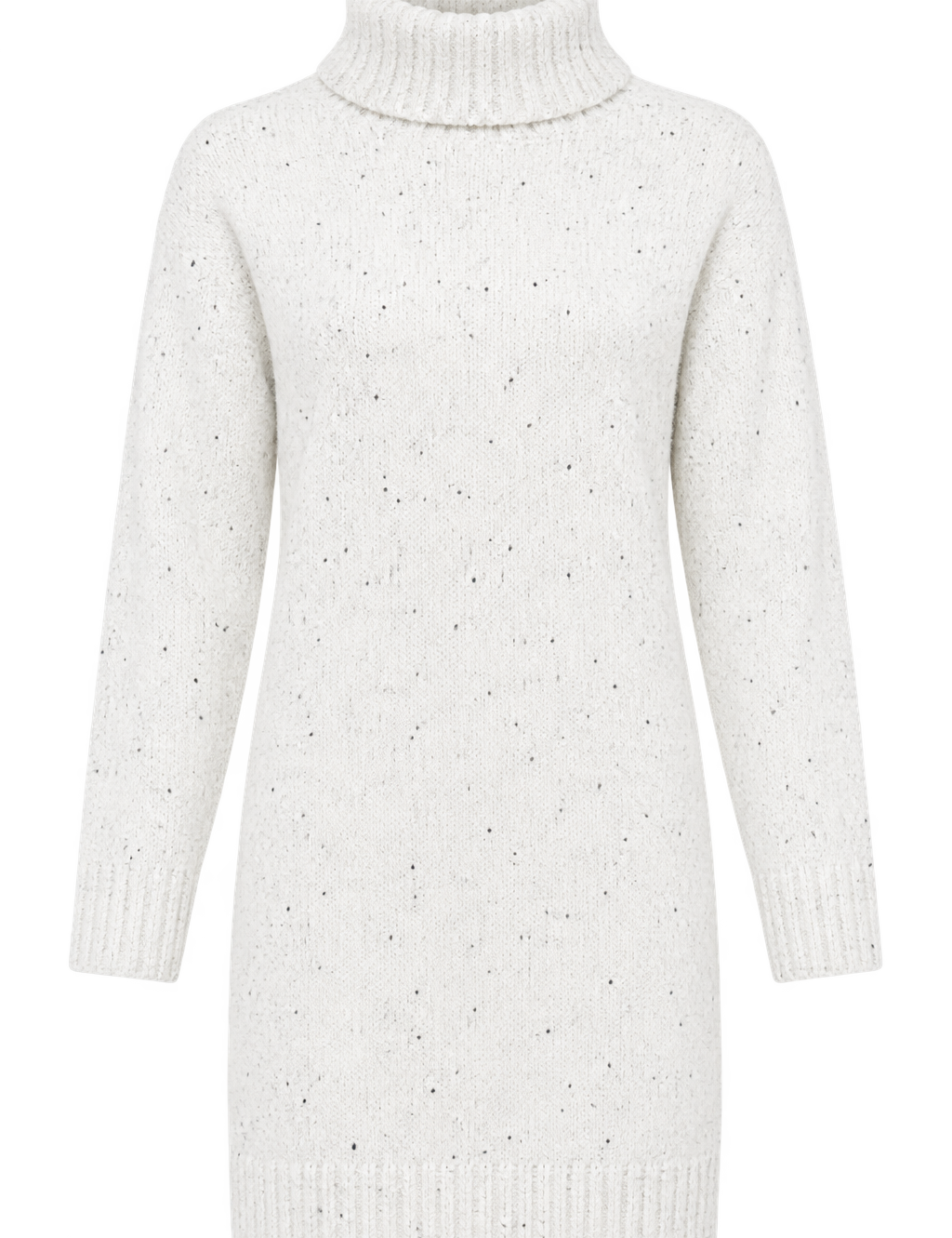 F&F women’s speckled white knit turtleneck sweater in UK Size M. Cozy long-sleeve tunic design with a relaxed fit, perfect for casual autumn and winter outfits.