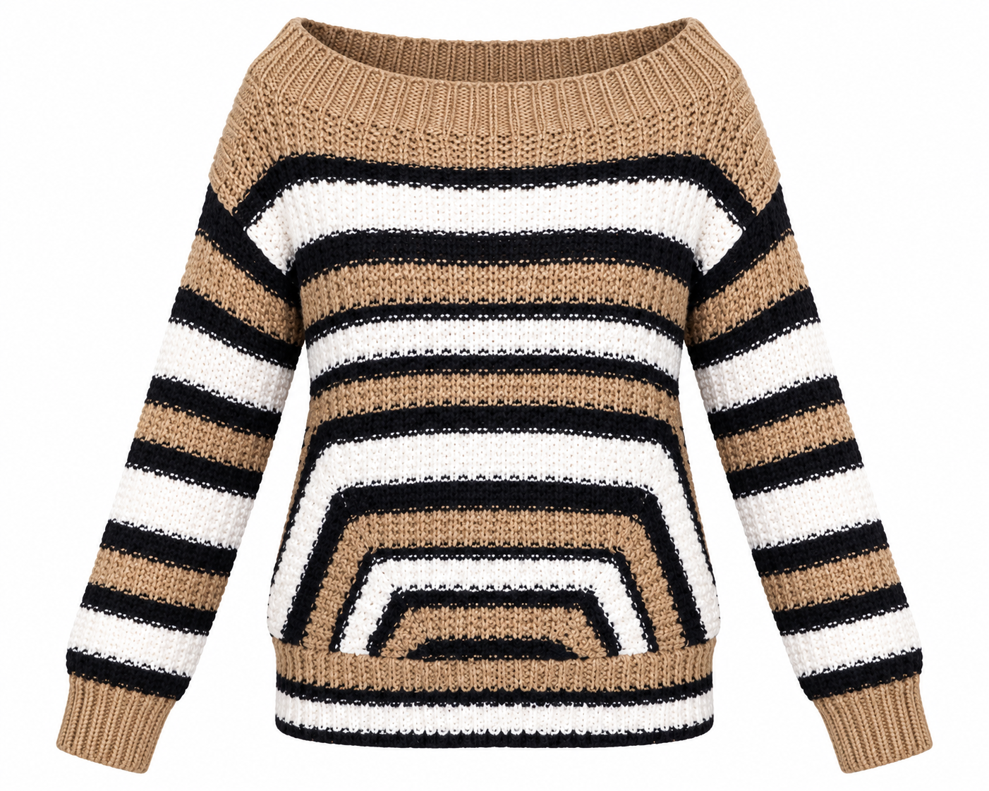 F&F women’s striped chunky knit jumper in UK Size M. Stylish brown, black and white geometric design, ideal for cosy autumn and winter wear.