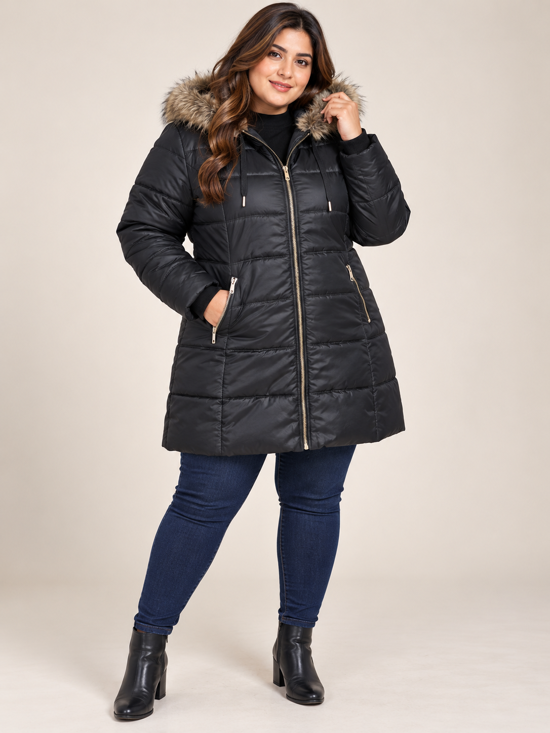  F&F Women's Black Longline Puffer Coat in UK Size 4XL. Featuring a faux fur hood, quilted padding, gold-tone zip and zipped pockets. Perfect for winter.