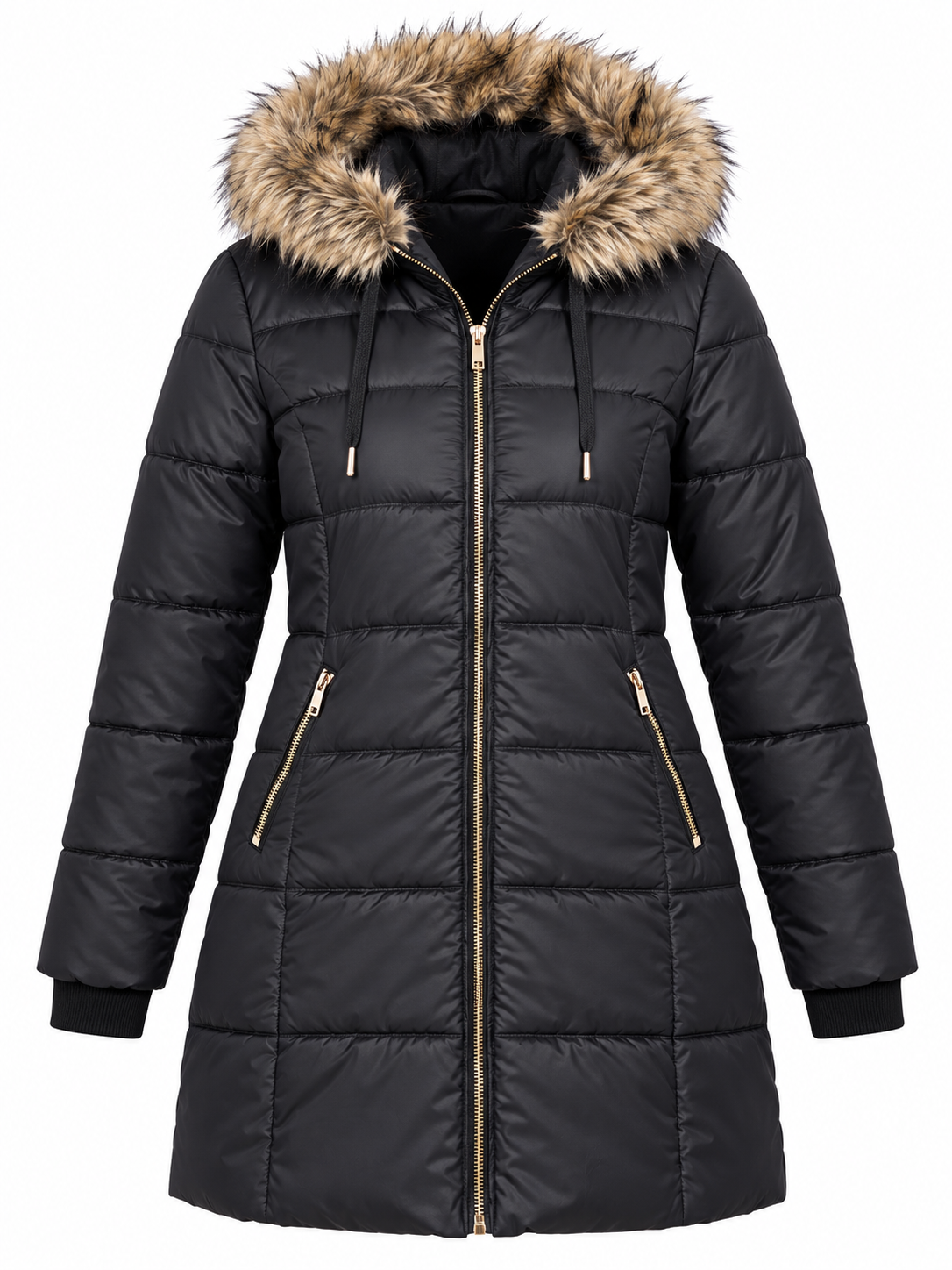 Sho F&F Women's Black Longline Puffer Coat in UK Size 4XL. Featuring a faux fur hood, quilted padding, gold-tone zip and zipped pockets. Perfect for winter