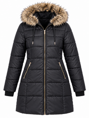 Sho F&F Women's Black Longline Puffer Coat in UK Size 4XL. Featuring a faux fur hood, quilted padding, gold-tone zip and zipped pockets. Perfect for winter