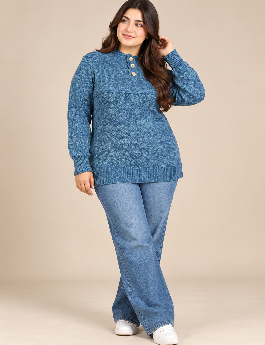  F&F Women's Blue Textured Knit Jumper in UK XXL. Stylish button neck, long sleeves and cosy relaxed fit. Chest 21", length 25". Shop now!