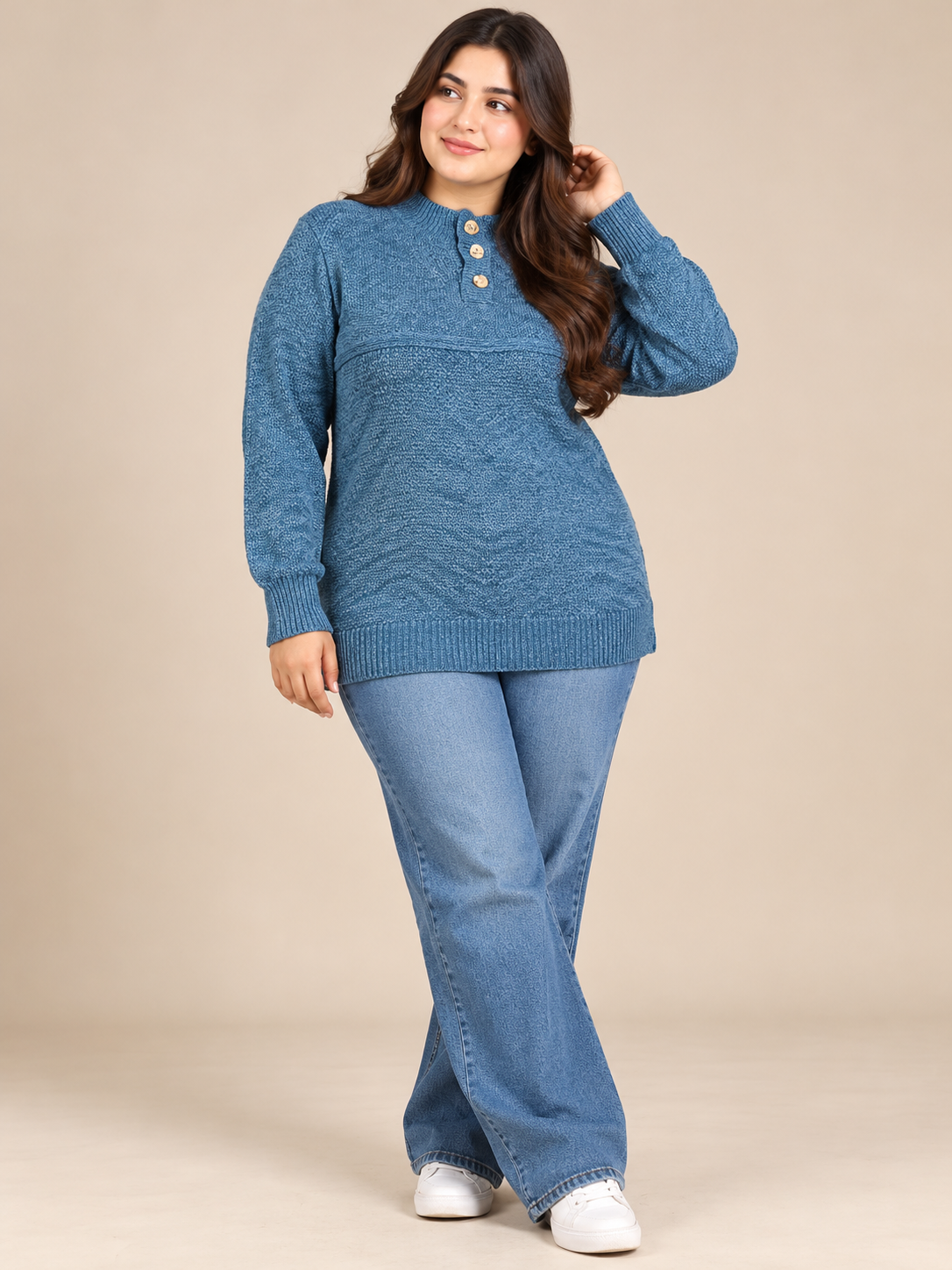  F&F Women's Blue Textured Knit Jumper in UK XXL. Stylish button neck, long sleeves and cosy relaxed fit. Chest 21", length 25". Shop now!