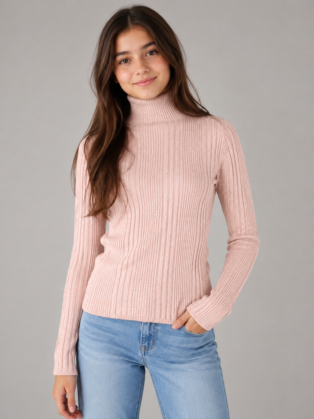 F&F women's blush pink ribbed turtleneck jumper in UK size 14. Stylish long-sleeve knit sweater with a classic high-neck design, perfect for casual and smart-casual outfits.