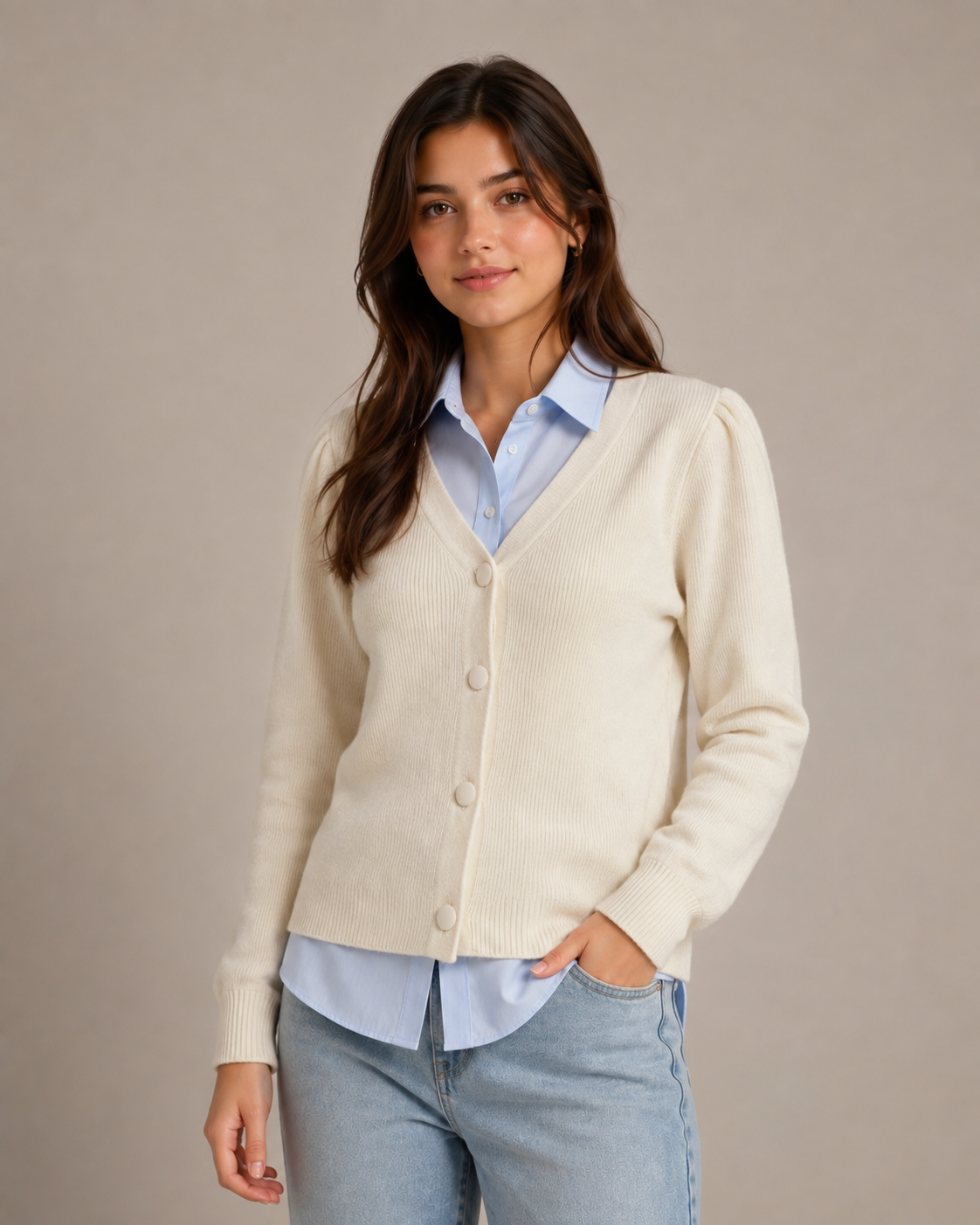  F&F Women's Cream Ribbed Button-Up Cardigan featuring a soft knit fabric, V-neck, puff sleeves, and classic button closure. A stylish and versatile cardigan perfect for everyday wear and seasonal layering.
