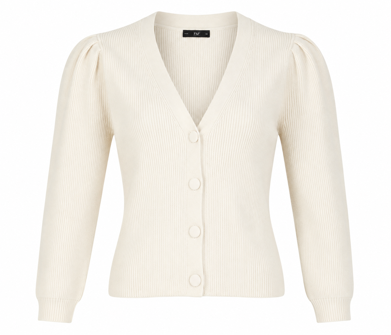  F&F Women's Cream Ribbed Button-Up Cardigan featuring a soft knit fabric, V-neck, puff sleeves, and classic button closure. A stylish and versatile cardigan perfect for everyday wear and seasonal layering.