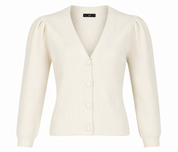  F&F Women's Cream Ribbed Button-Up Cardigan featuring a soft knit fabric, V-neck, puff sleeves, and classic button closure. A stylish and versatile cardigan perfect for everyday wear and seasonal layering.