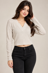 F&F Women's Cream Ribbed Knit V-Neck Front & Back Cropped Jumper