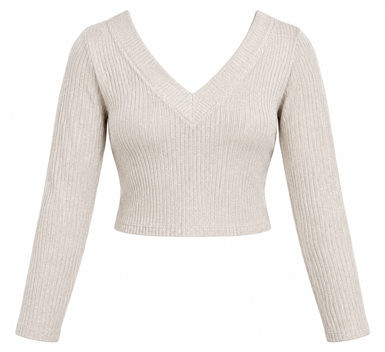  F&F Women's Cream Ribbed Knit Cropped Jumper in UK Size 10. Stylish front and back V-neck design, long sleeves and flattering fitted style.