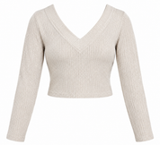  F&F Women's Cream Ribbed Knit Cropped Jumper in UK Size 10. Stylish front and back V-neck design, long sleeves and flattering fitted style.