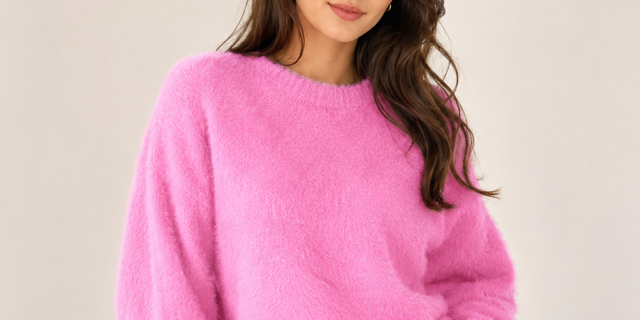  F&F Women's Fluffy Pink Knit Sweater featuring a soft fuzzy knit fabric, relaxed fit, and cozy crew neck design. Perfect for autumn and winter casual fashion.