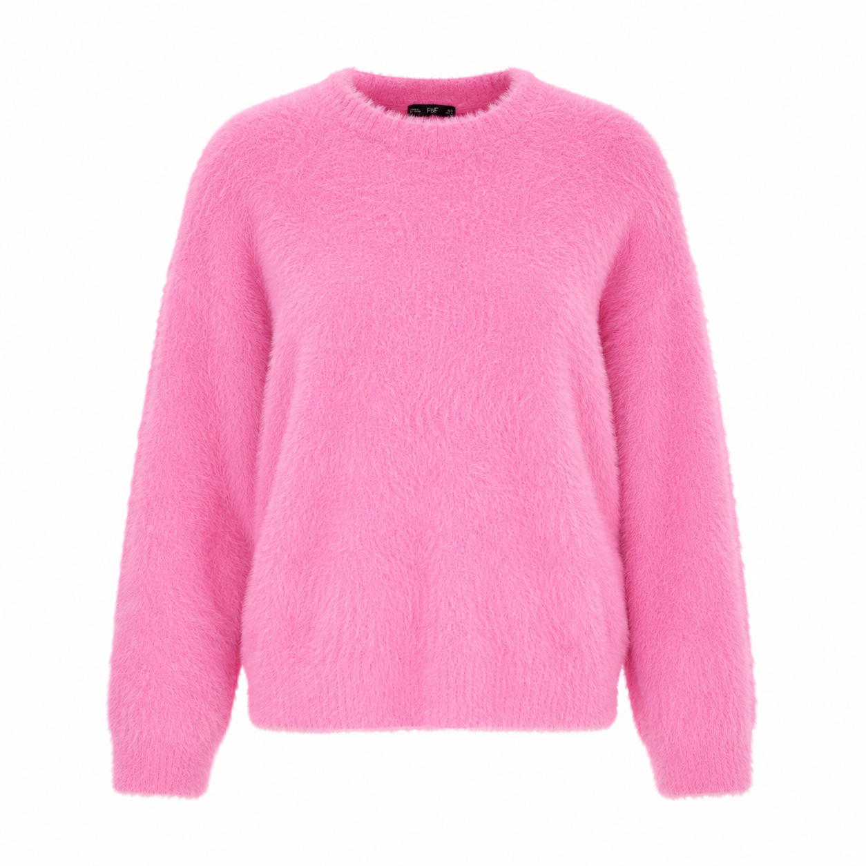 F&F Women's Fluffy Pink Knit Sweater featuring a soft fuzzy knit fabric, relaxed fit, and cozy crew neck design. Perfect for autumn and winter casual fashion.