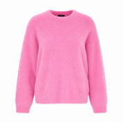 F&F Women's Fluffy Pink Knit Sweater featuring a soft fuzzy knit fabric, relaxed fit, and cozy crew neck design. Perfect for autumn and winter casual fashion.