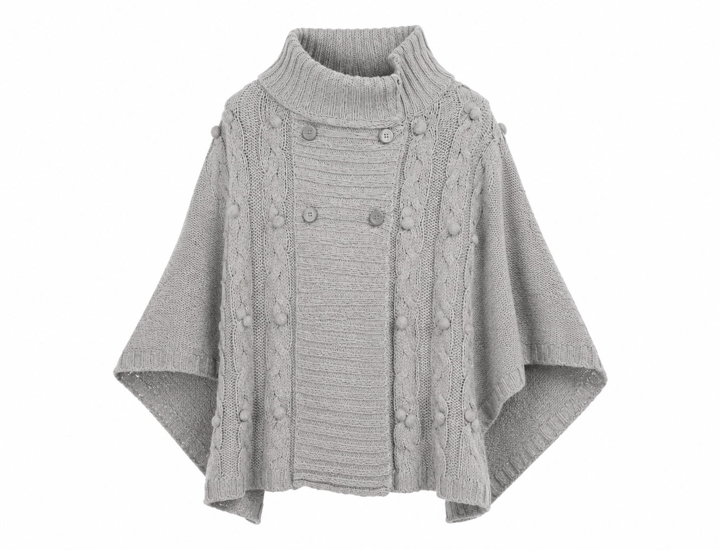 F&F Women's Grey Knitted Poncho in UK Size L. Stylish cable-knit design with bobble and button details, perfect for cosy casual layering.