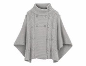 F&F Women's Grey Knitted Poncho in UK Size L. Stylish cable-knit design with bobble and button details, perfect for cosy casual layering.