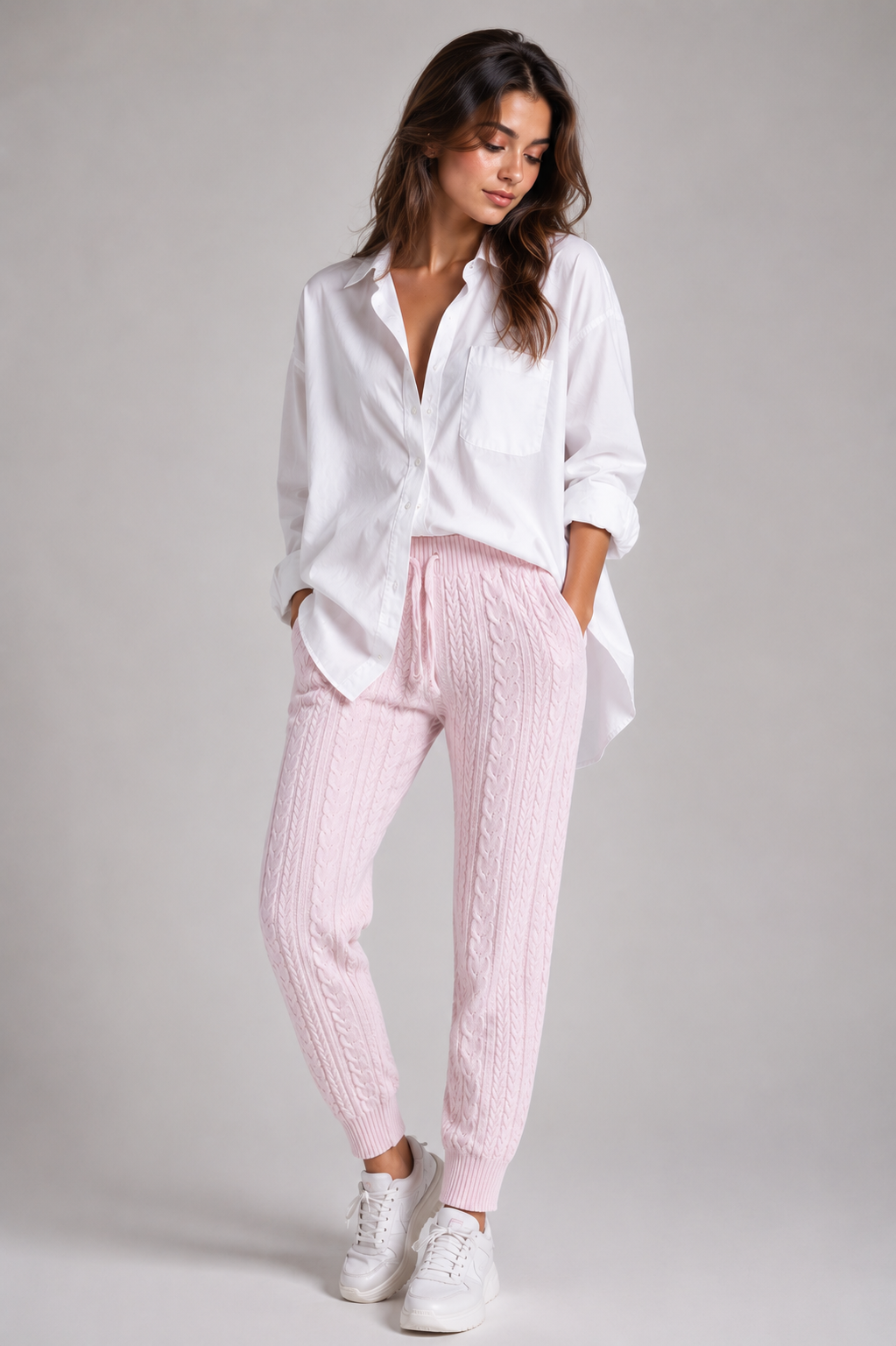 F&F Light Pink Cable Knit Jogger Trousers for women. Soft knitted fabric, cable-knit texture, elastic waist, and comfortable fit. Perfect for casual wear, lounging, and winter fashion.