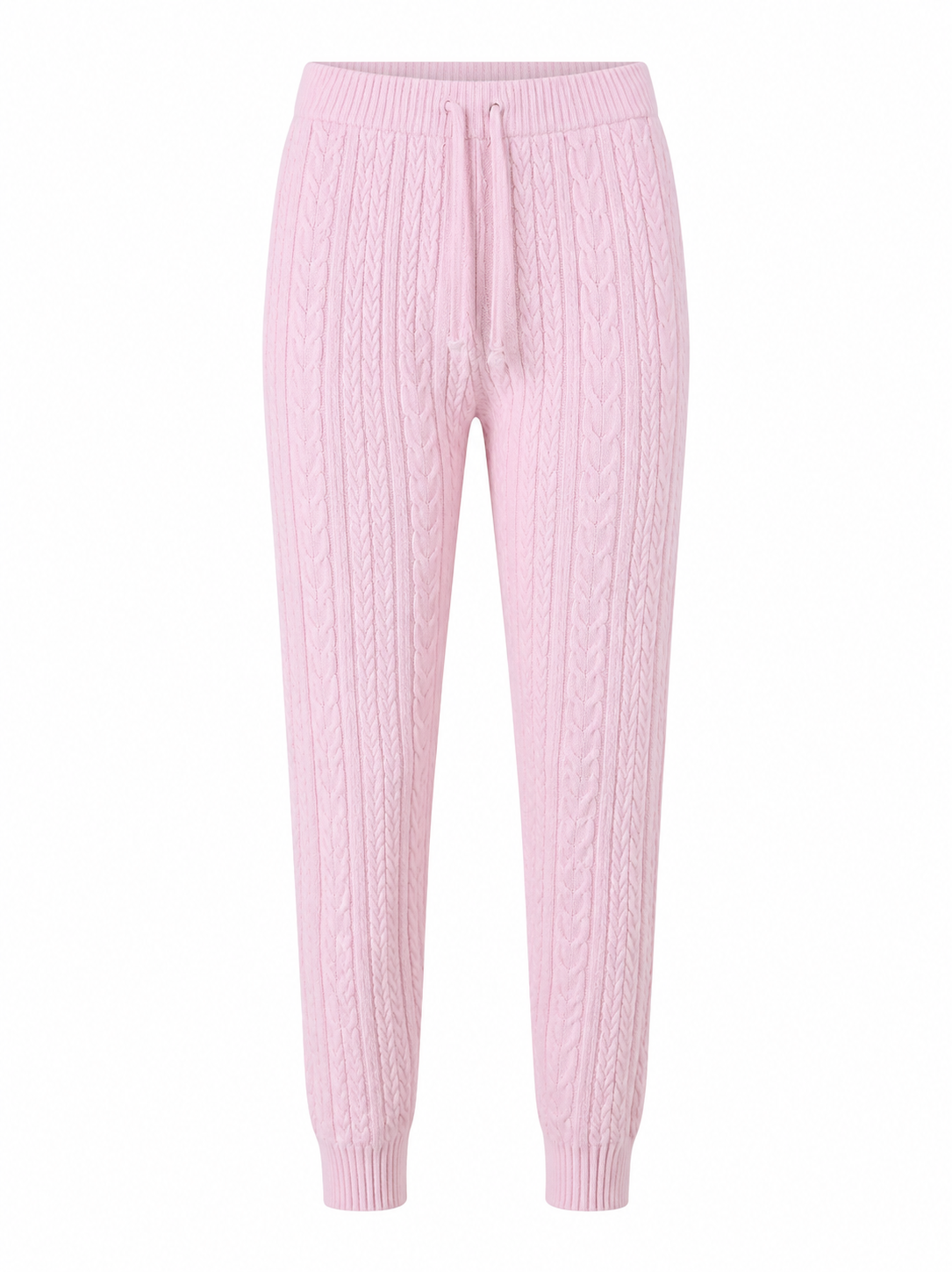  F&F Light Pink Cable Knit Jogger Trousers for women. Soft knitted fabric, cable-knit texture, elastic waist, and comfortable fit. Perfect for casual wear, lounging, and winter fashion.