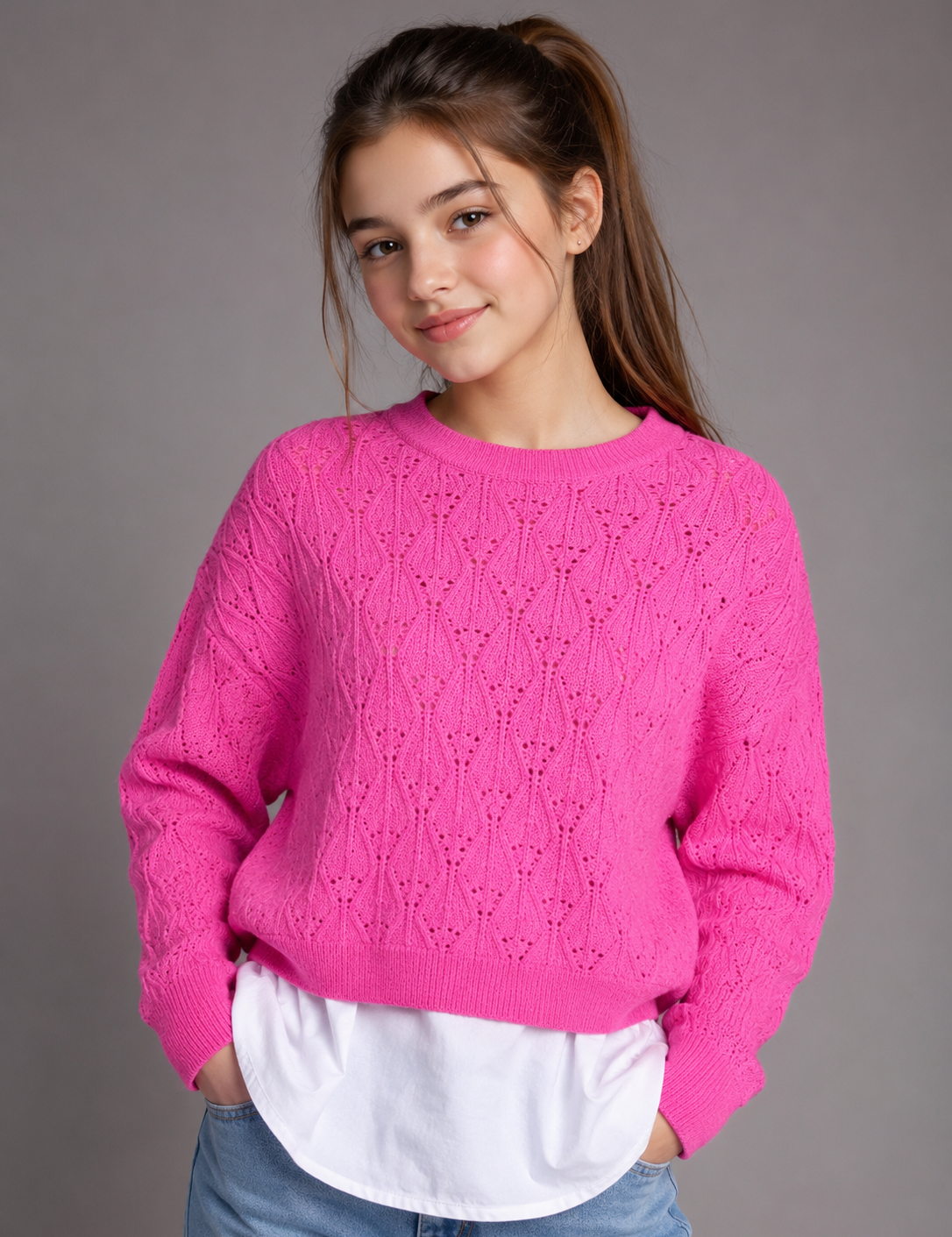  F&F Women's Pink Pointelle Knit Layered Sweater featuring a stylish white shirt hem, crew neck, and soft knit fabric. Genuine UK hand-picked ladies' fashion perfect for casual and smart wear.