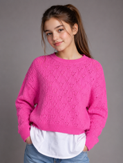  F&F Women's Pink Pointelle Knit Layered Sweater featuring a stylish white shirt hem, crew neck, and soft knit fabric. Genuine UK hand-picked ladies' fashion perfect for casual and smart wear.