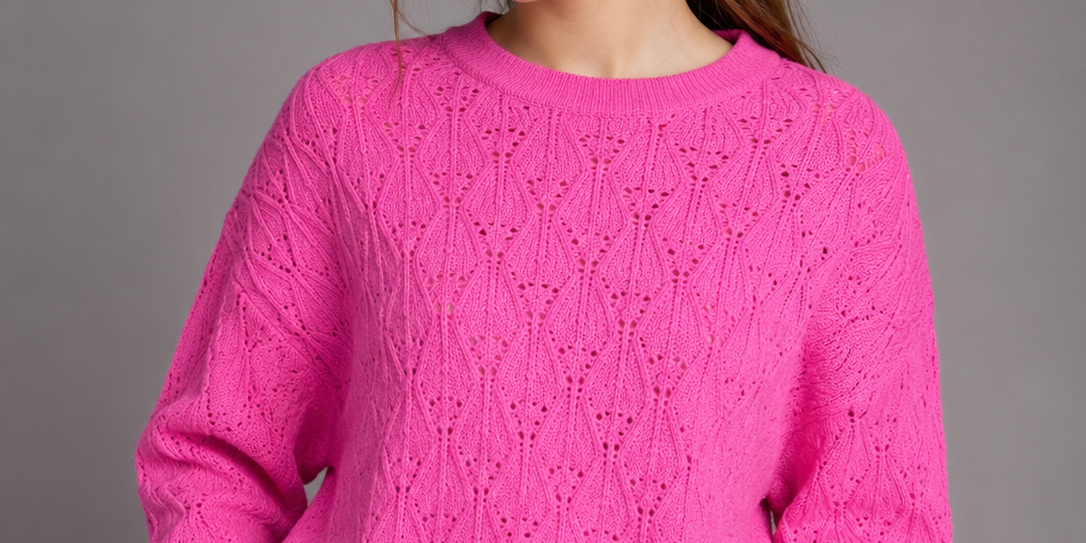  F&F Women's Pink Pointelle Knit Layered Sweater featuring a stylish white shirt hem, crew neck, and soft knit fabric. Genuine UK hand-picked ladies' fashion perfect for casual and smart wear.