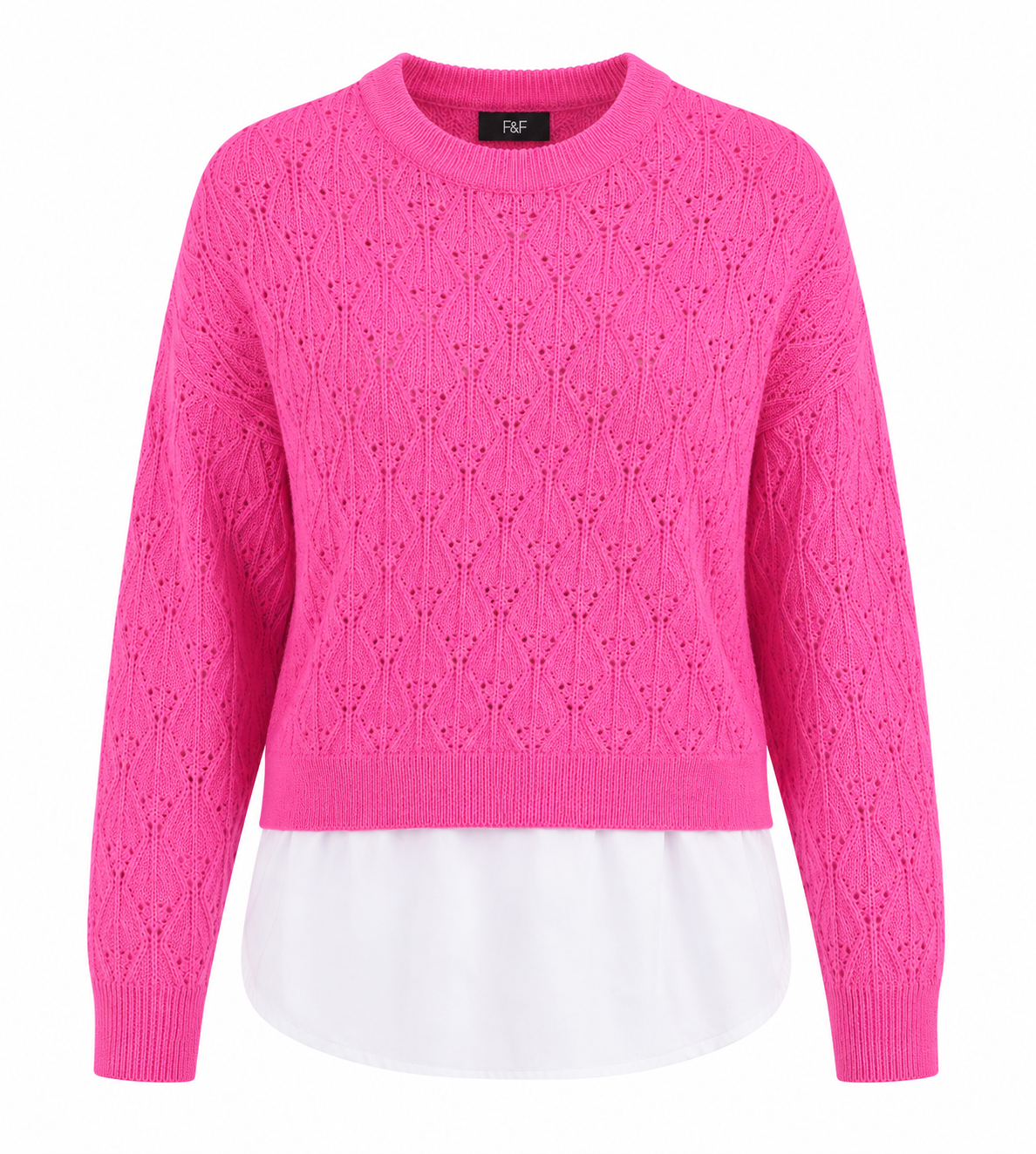  F&F Women's Pink Pointelle Knit Layered Sweater featuring a stylish white shirt hem, crew neck, and soft knit fabric. Genuine UK hand-picked ladies' fashion perfect for casual and smart wear.