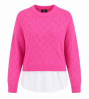  F&F Women's Pink Pointelle Knit Layered Sweater featuring a stylish white shirt hem, crew neck, and soft knit fabric. Genuine UK hand-picked ladies' fashion perfect for casual and smart wear.