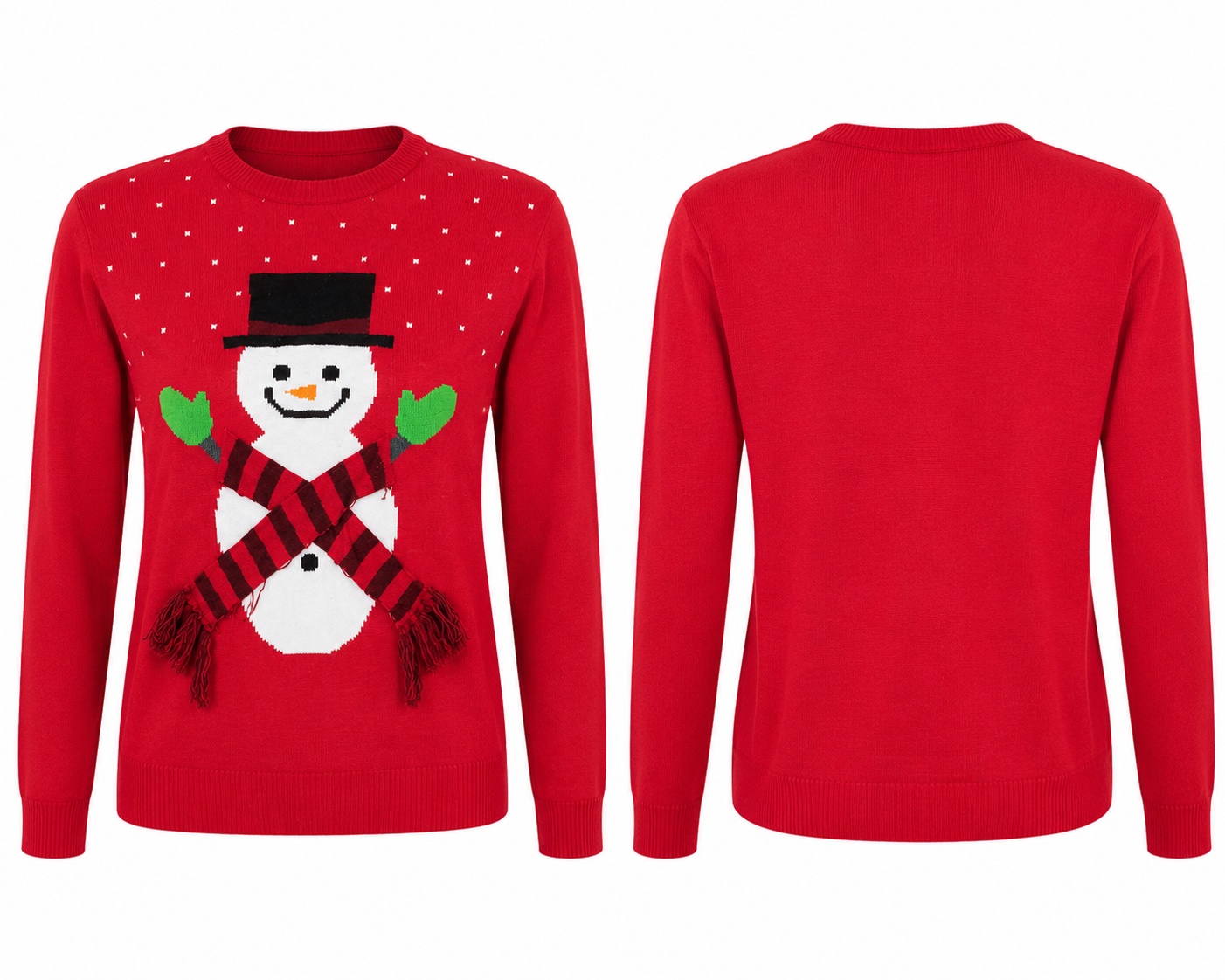  F&F Women’s Red Christmas Snowman Jumper in UK XL. Festive knitted sweater with long sleeves and charming snowman design, perfect for winter and Christmas wear.