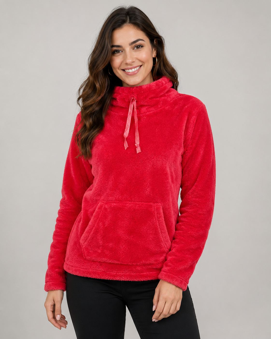  F&F Women's Red Fleece Hoodie in UK Size M. Soft, warm and comfortable casual hoodie with high neck, drawstring detail, long sleeves and kangaroo pocket.