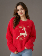 F&F women's red fuzzy Christmas reindeer sweater in UK Size M. Featuring festive gold detailing, soft texture and cozy long sleeves, perfect for winter styling.