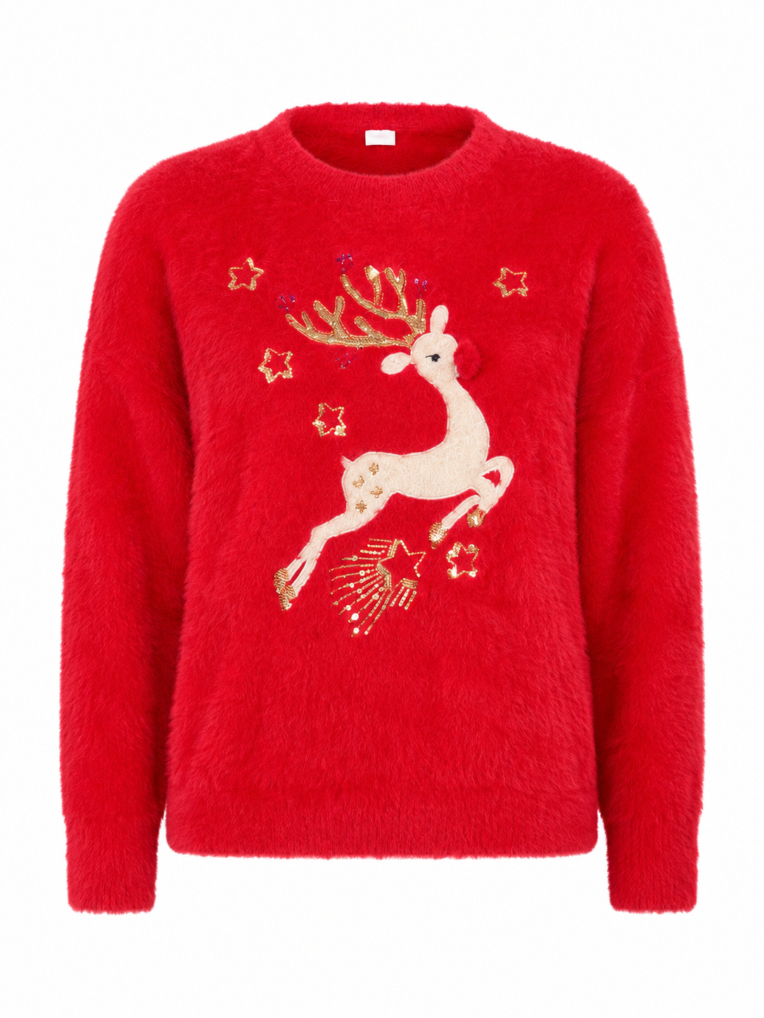 F&F women's red fuzzy Christmas reindeer sweater in UK Size M. Featuring festive gold detailing, soft texture and cozy long sleeves, perfect for winter styling.