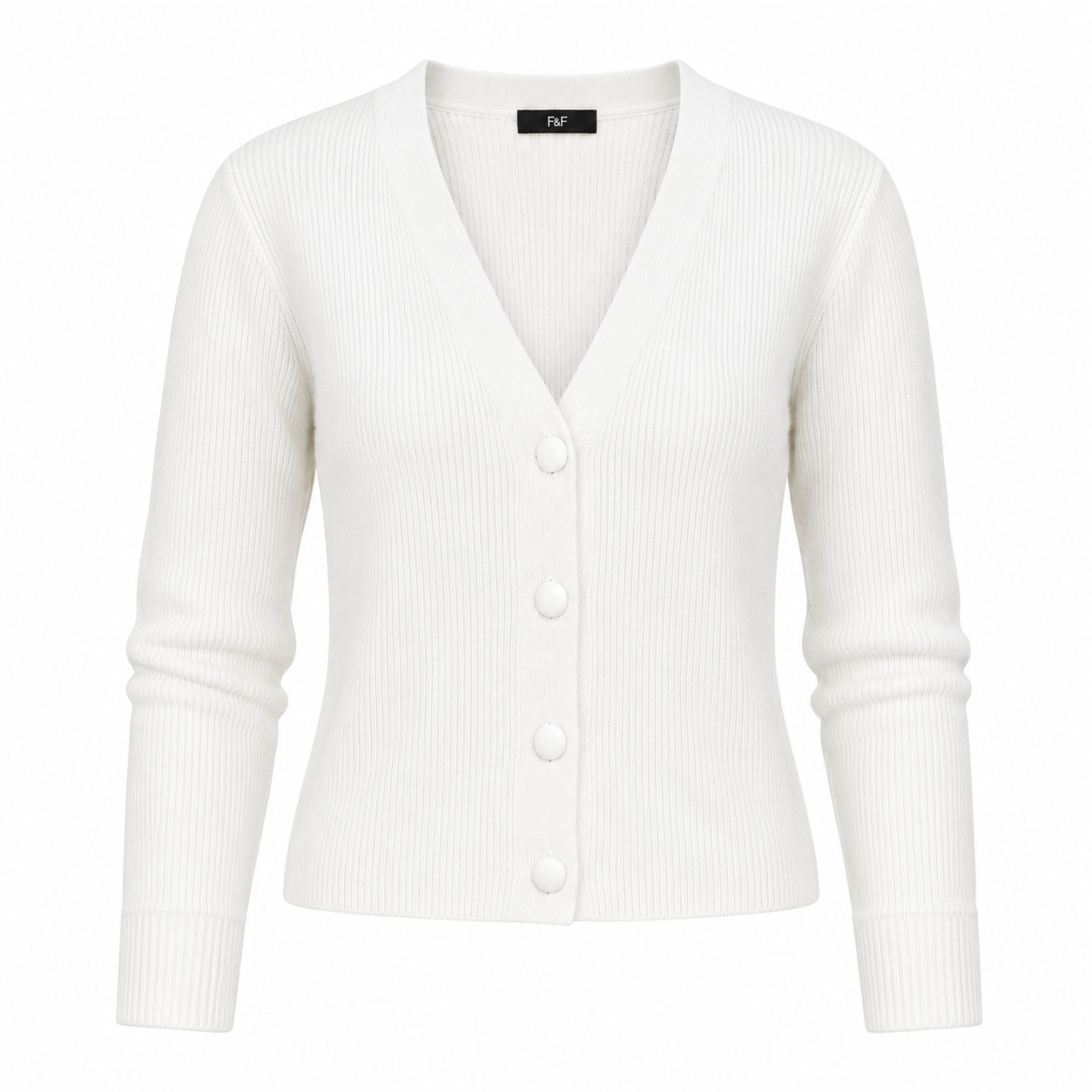 Shop the F&F Women's White Ribbed Knit Button Cardigan featuring a soft ribbed fabric, elegant V-neck, long sleeves, and classic button-front design. Perfect for casual wear, office outfits, and year-round layering.