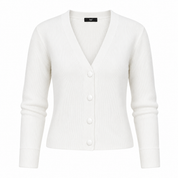 Shop the F&F Women's White Ribbed Knit Button Cardigan featuring a soft ribbed fabric, elegant V-neck, long sleeves, and classic button-front design. Perfect for casual wear, office outfits, and year-round layering.