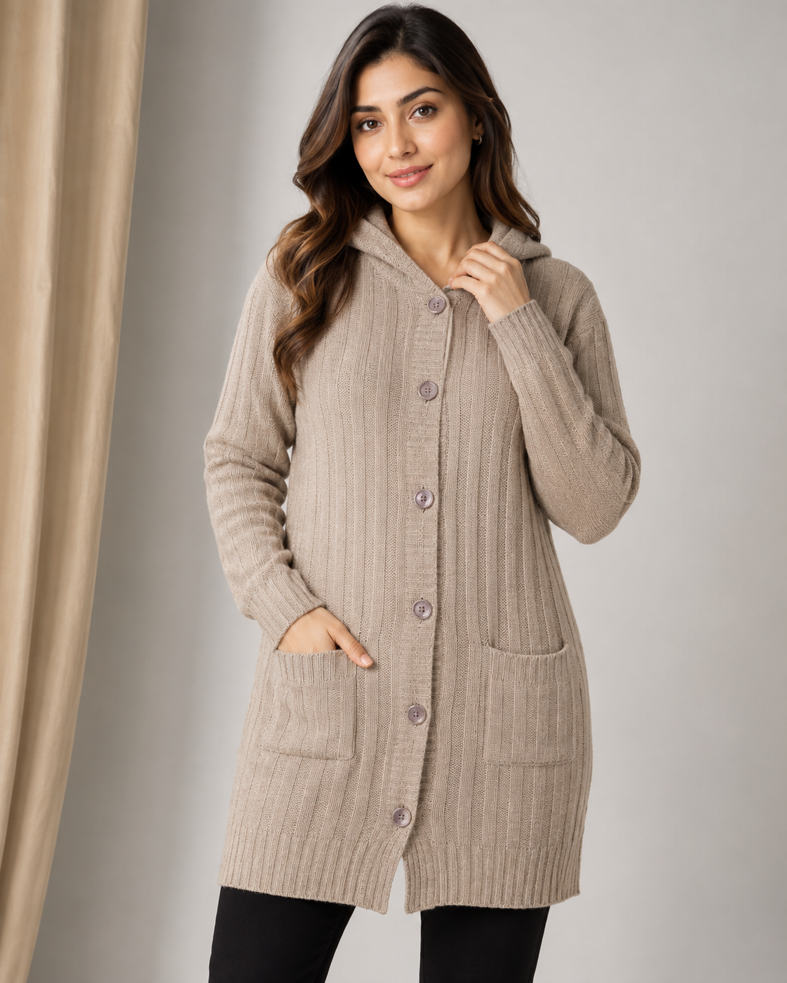  F&S women’s beige hooded knit cardigan in UK Size L. Longline button-front design with pockets, long sleeves and cozy textured knit finish.