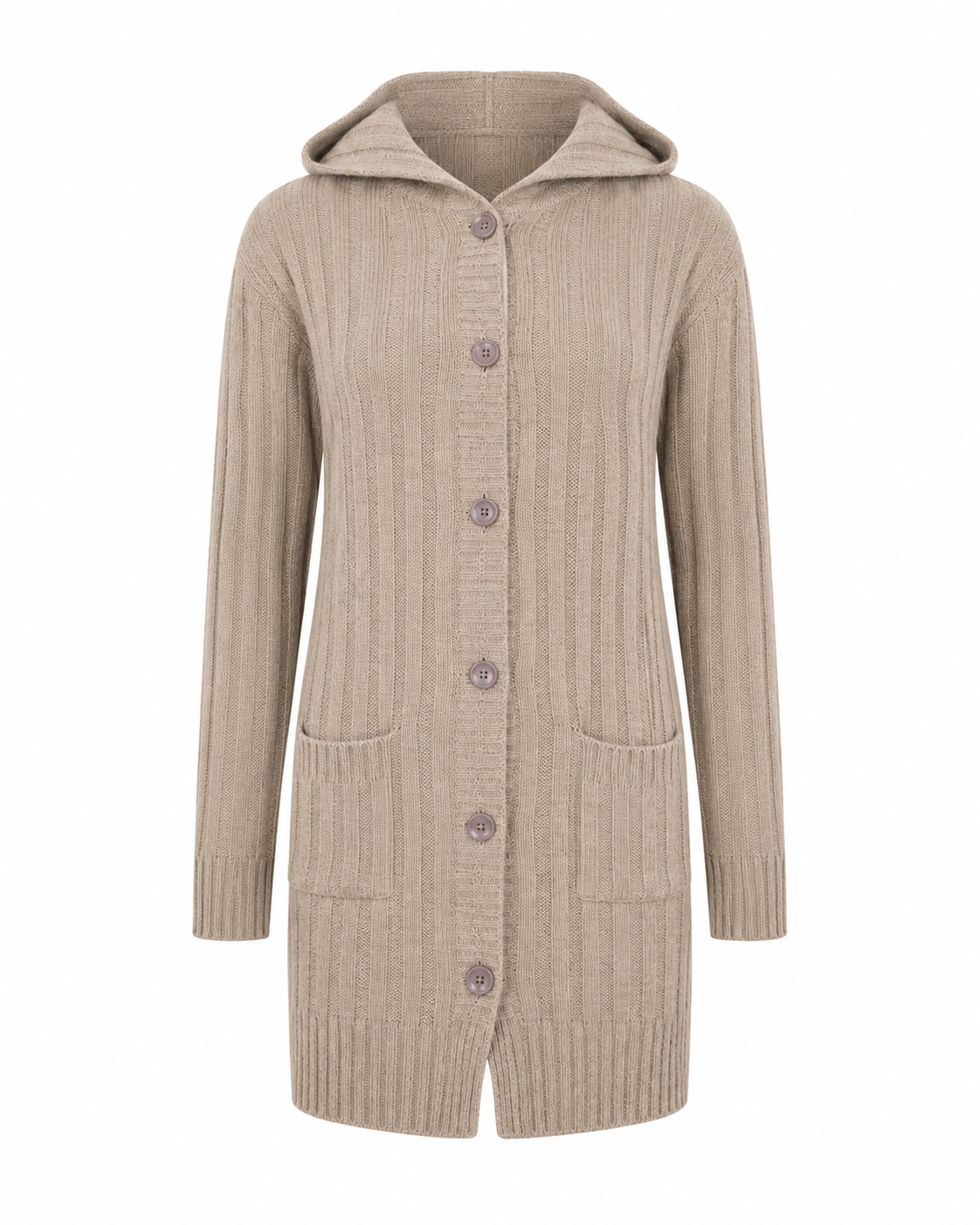  F&S women’s beige hooded knit cardigan in UK Size L. Longline button-front design with pockets, long sleeves and cozy textured knit finish.