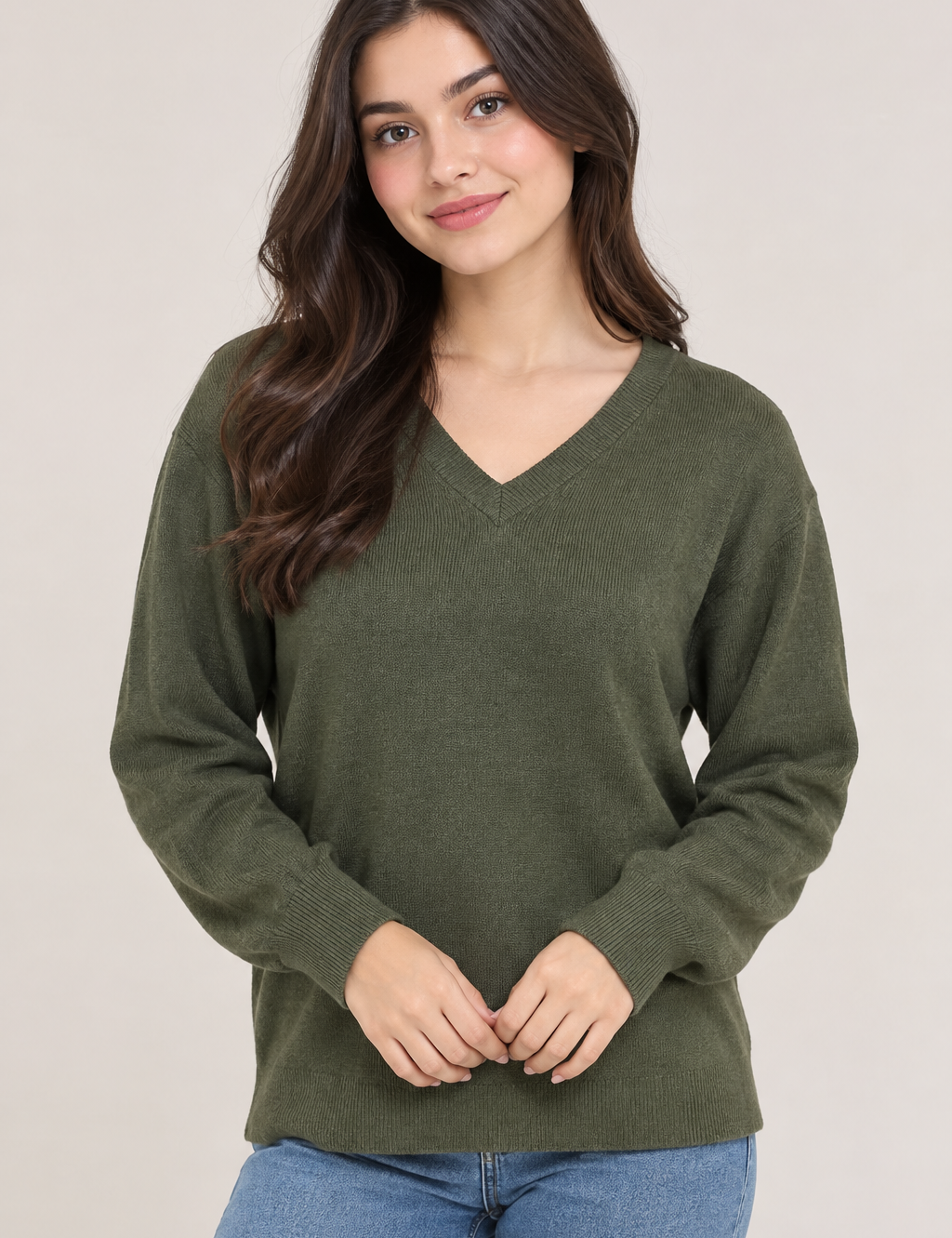 F&F olive green V-neck knit jumper in UK Size S. Stylish long-sleeve women's jumper with ribbed cuffs and hem, perfect for everyday wear.