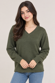 F&F olive green V-neck knit jumper in UK Size S. Stylish long-sleeve women's jumper with ribbed cuffs and hem, perfect for everyday wear.