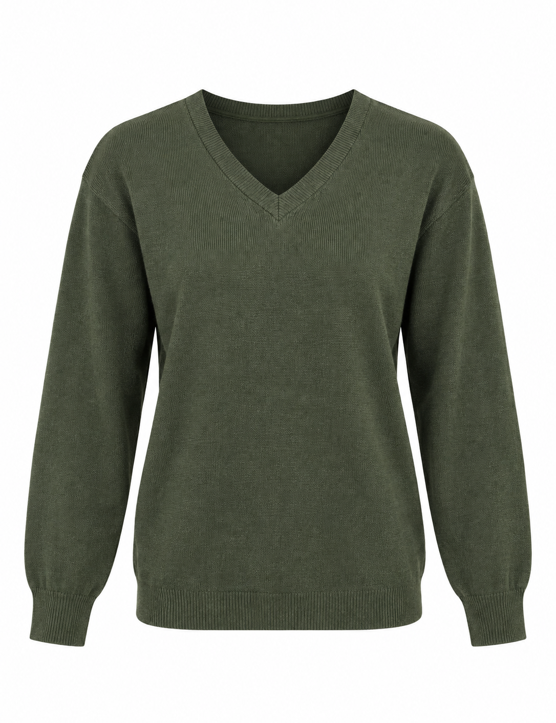 F&F olive green V-neck knit jumper in UK Size S. Stylish long-sleeve women's jumper with ribbed cuffs and hem, perfect for everyday wear.