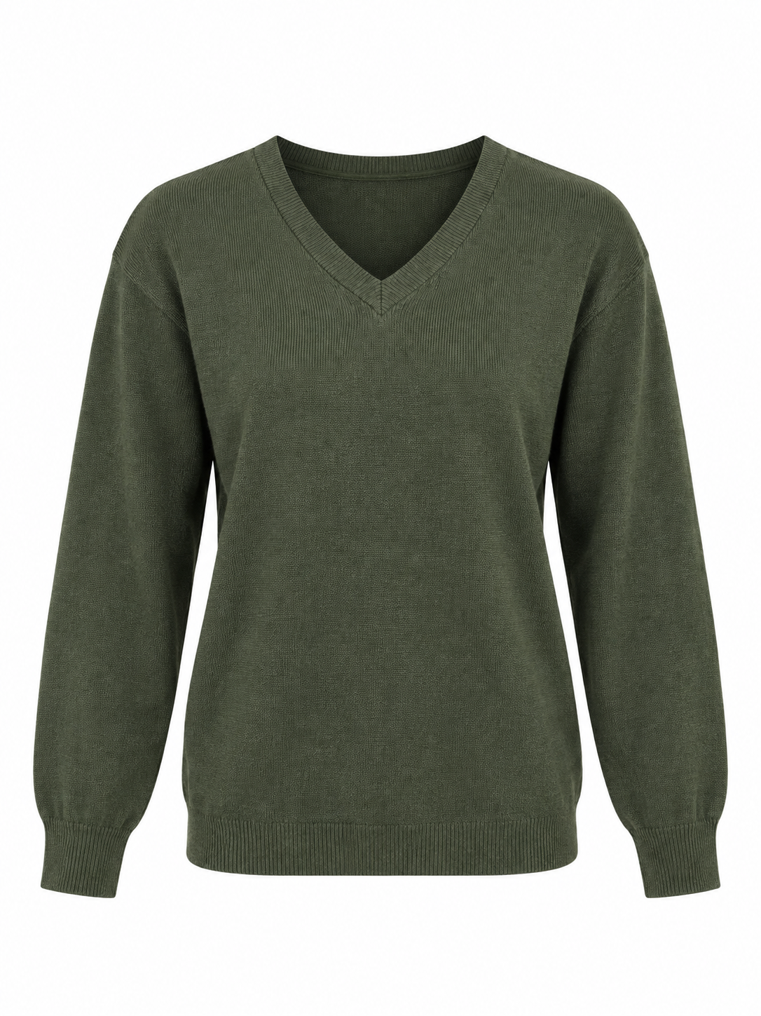 F&F olive green V-neck knit jumper in UK Size S. Stylish long-sleeve women's jumper with ribbed cuffs and hem, perfect for everyday wear.