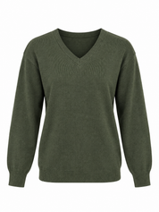 F&F olive green V-neck knit jumper in UK Size S. Stylish long-sleeve women's jumper with ribbed cuffs and hem, perfect for everyday wear.