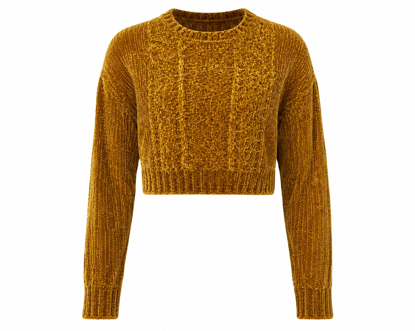  Falmer Heritage girls’ mustard gold cropped chenille knit sweater, UK Size S. Stylish textured design with long sleeves and ribbed finish.