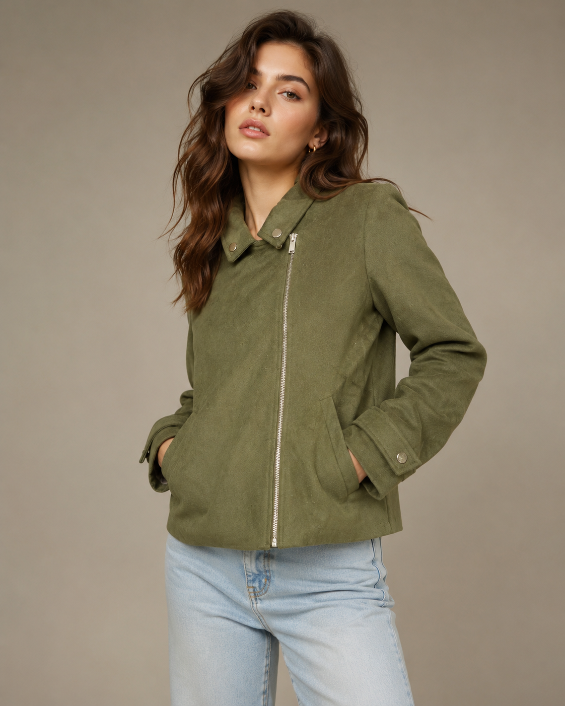 Falmer Heritage women’s olive green suede-effect biker jacket, UK size 14. Features an asymmetric zip, snap collar, angled pockets and stylish cuffs.