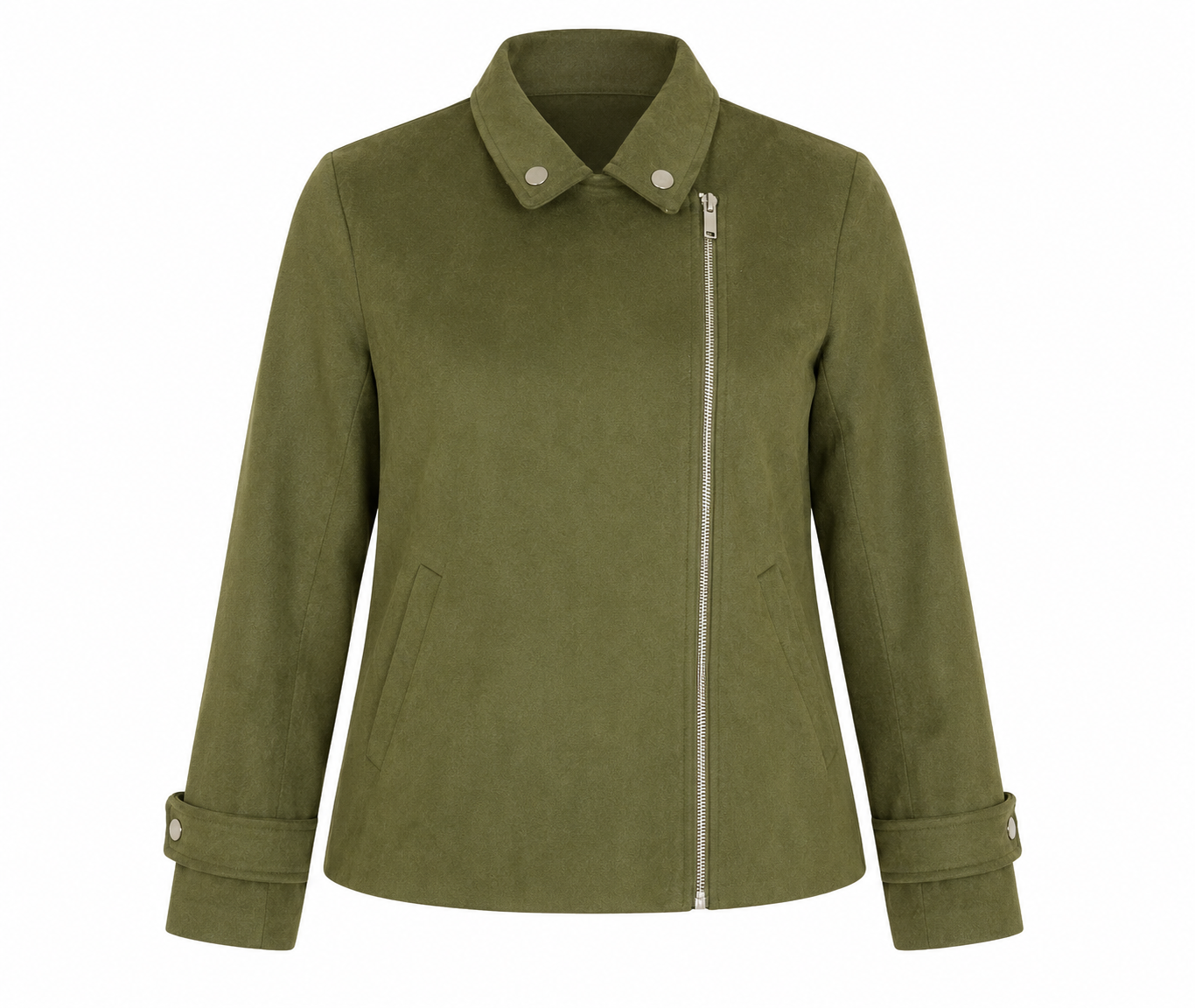Falmer Heritage women’s olive green suede-effect biker jacket, UK size 14. Features an asymmetric zip, snap collar, angled pockets and stylish cuffs.